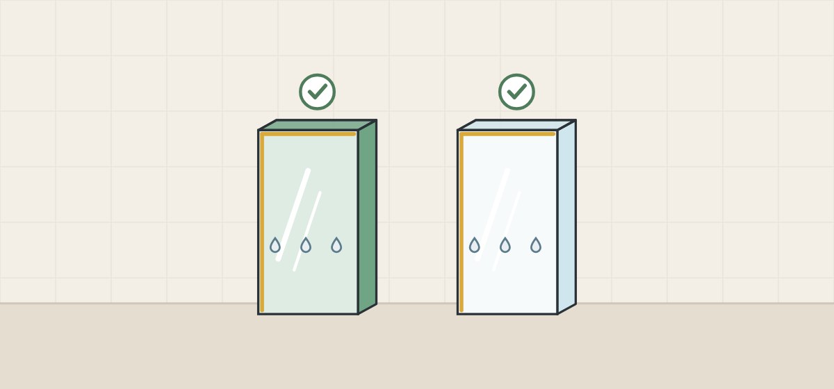 Illustration of a green-edged and a pale-edged glass panel, each with the same coating line and water beads