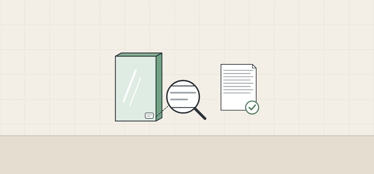 Illustration of a glass panel with a corner label enlarged by a magnifier, beside a ticked record sheet