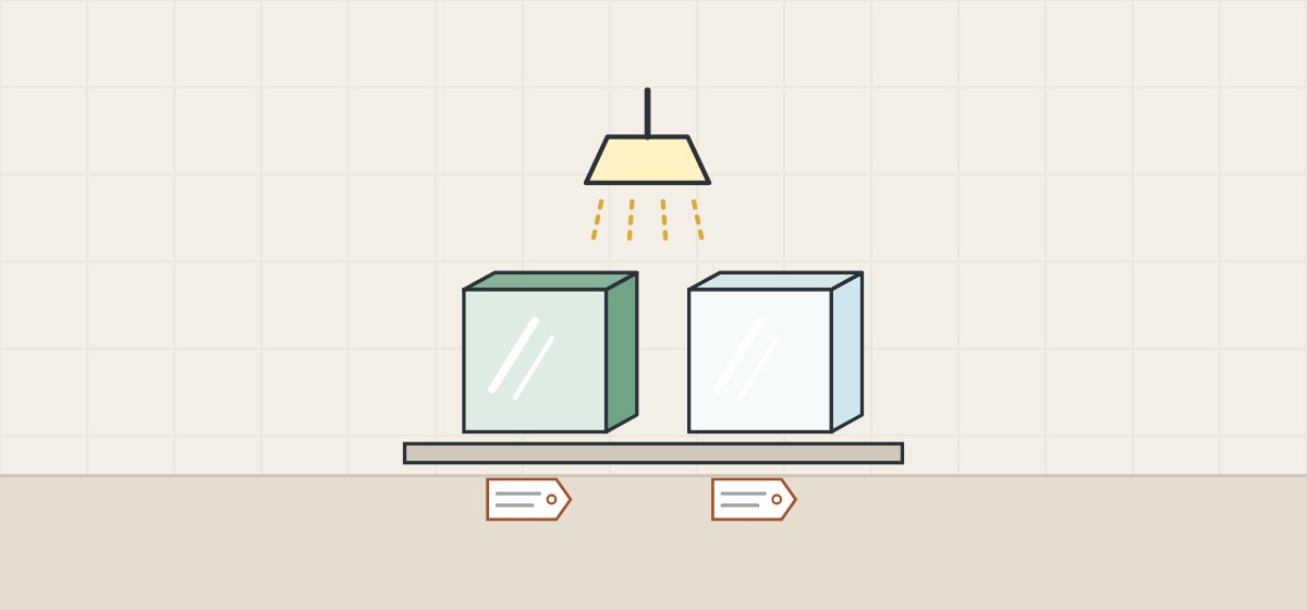 Illustration of two tagged glass samples with different edge colors standing under one lamp