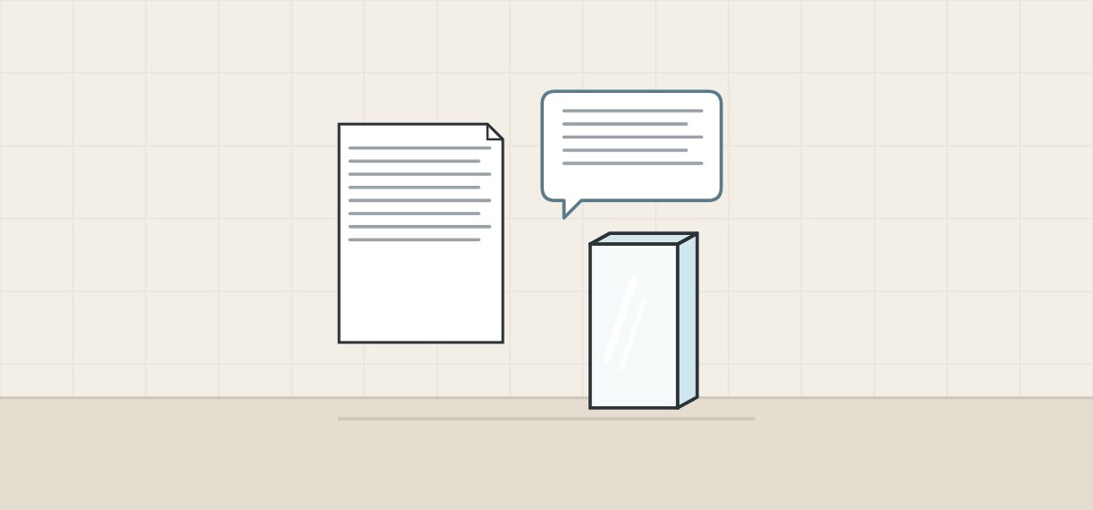Illustration of a document, a message bubble and a glass panel