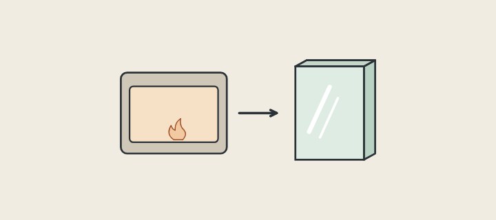 Illustration: a furnace with an arrow to a glass panel