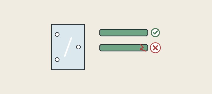 Illustration: a glass panel with drilled holes beside a clean edge section, ticked, and a chipped edge section, crossed