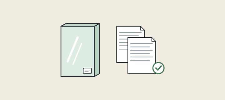Illustration: a glass panel with a corner label beside two standard documents and a tick