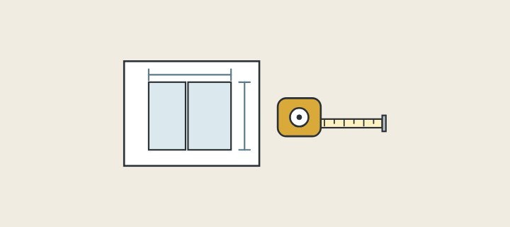 Illustration: a drawing sheet of a two-panel enclosure with dimension lines beside a tape measure