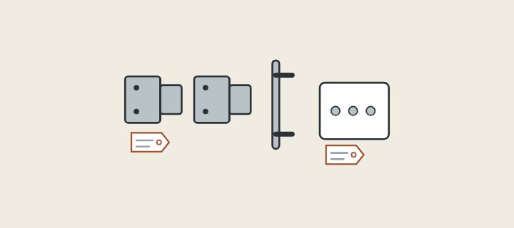 Illustration: two hinges, a pull handle and a bag of fixings with tags