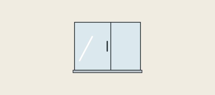 Illustration: a frameless glass shower enclosure with a fixed panel and a door