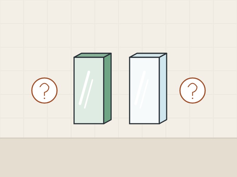 Illustration of a green-edged and a pale-edged glass panel between two question marks