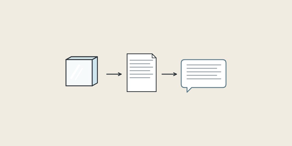 Illustration of a glass sample, a document and a message bubble linked by arrows