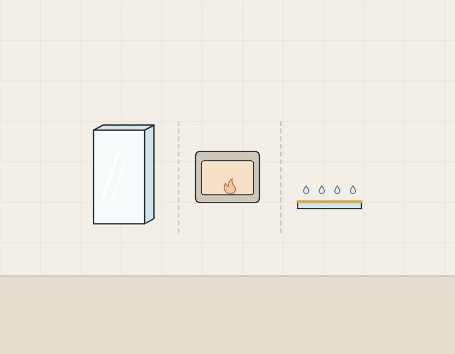 Illustration of a glass panel, a furnace and a coated glass surface with water beads, separated by dashed lines