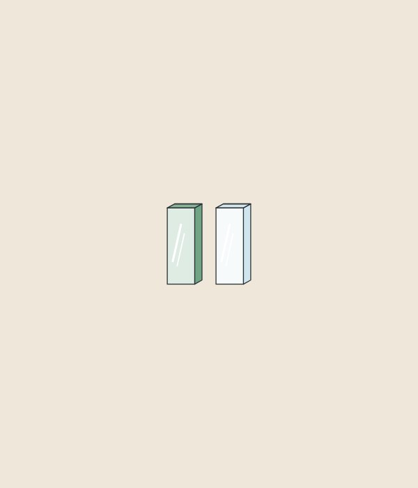 Illustration of two upright glass panels, one with a green edge and one with a pale neutral edge