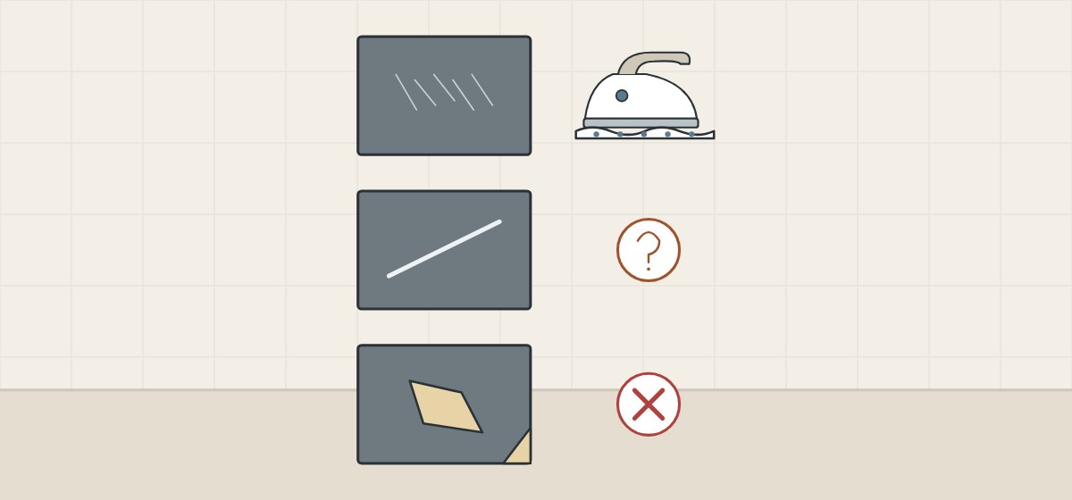 Illustration of three matte samples with fine marks, a bigger scratch and a gouge, beside an iron, a question mark and a cross
