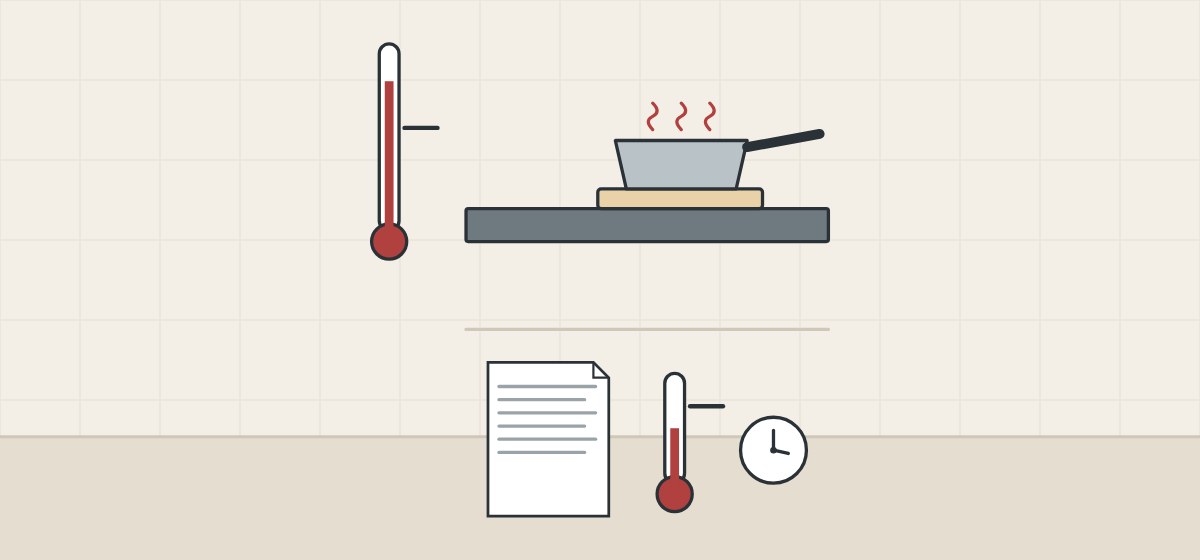 Illustration of a thermometer with a limit mark, a hot pan on a trivet, a document and a clock