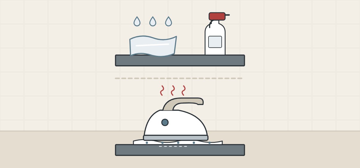Illustration of a cloth and spray bottle on a matte surface above an iron on a damp towel
