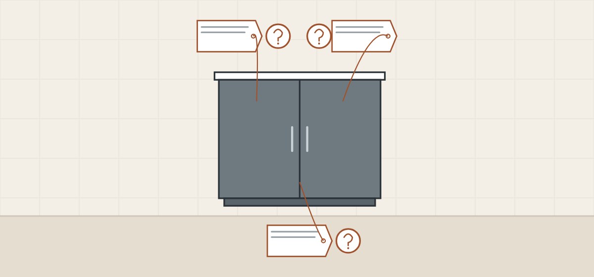 Illustration of a matte vanity front with three claim tags, each beside a question mark