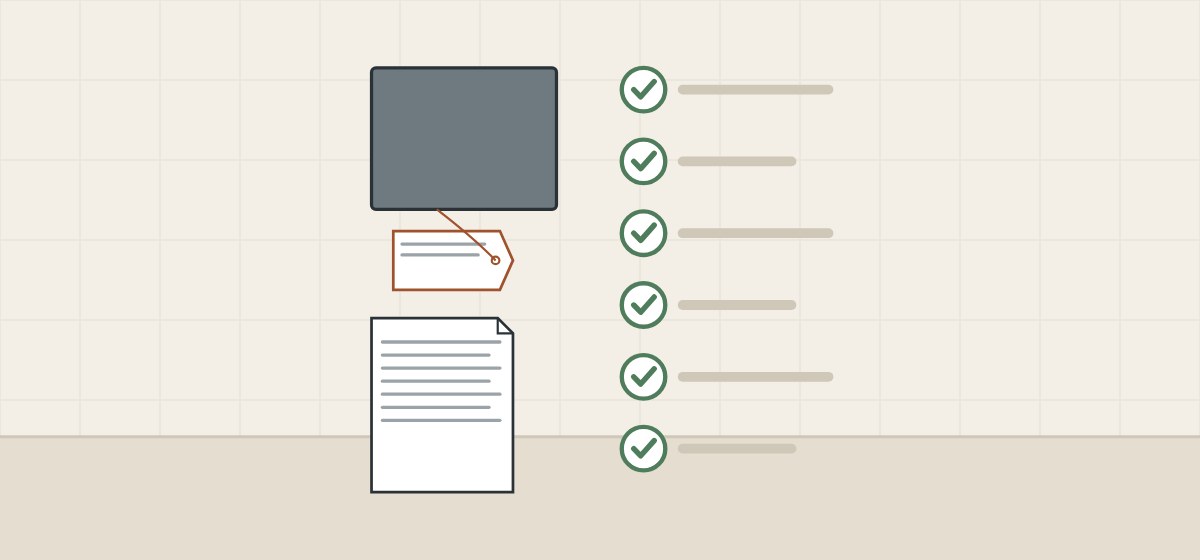 Illustration of a labeled matte sample and a document beside a checklist of six checked lines