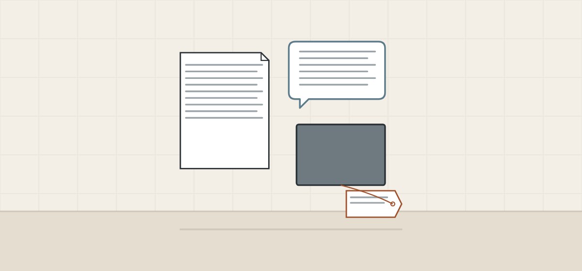 Illustration of a document, a message bubble and a matte sample with a label tag
