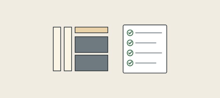 Illustration: two cabinet sides, a rail and two matte fronts laid apart beside a list of four checked lines