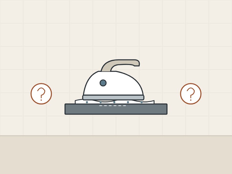 Illustration of an iron on a damp towel on a matte surface between two question marks