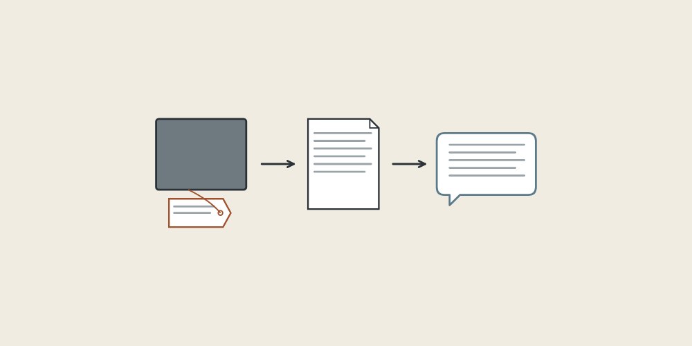 Illustration of a matte sample, a document and a message bubble linked by arrows