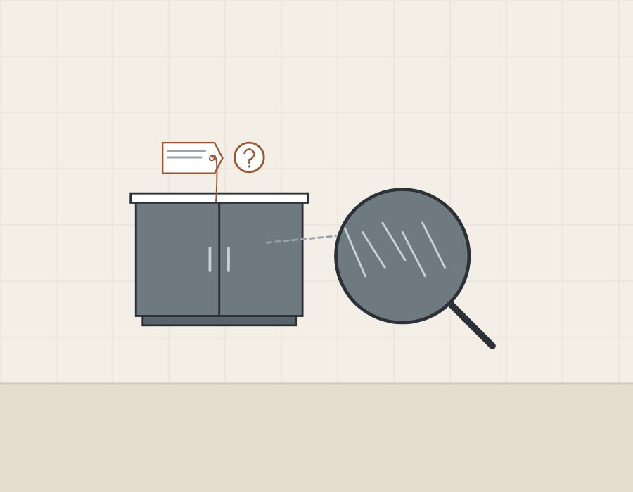 Illustration of a matte vanity front with a claim tag and a magnifier showing fine scratches on one door