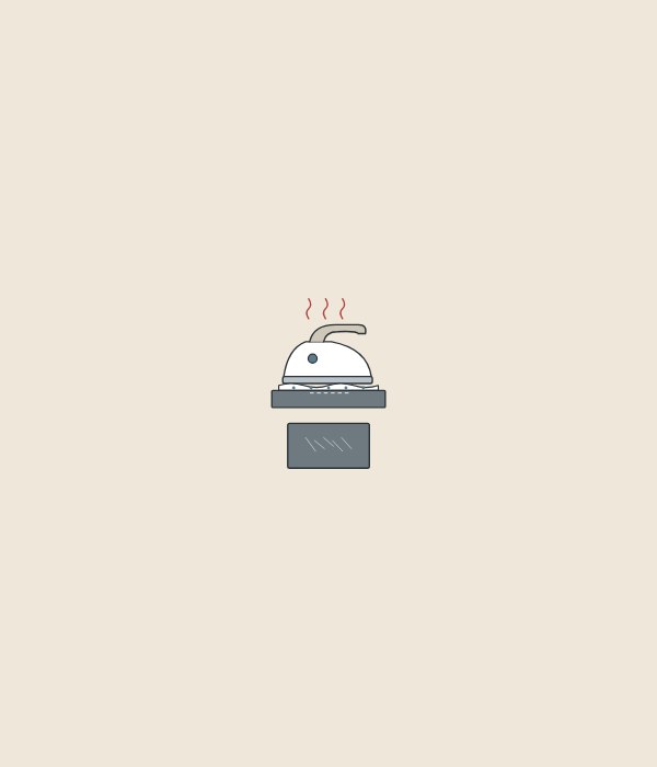 Illustration of a clothes iron on a damp paper towel on a matte surface, above a matte sample with fine marks