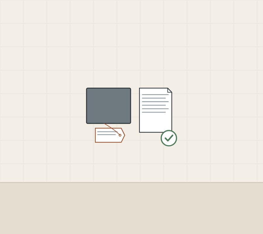 Illustration of a matte sample with a label tag beside a document, with a check mark