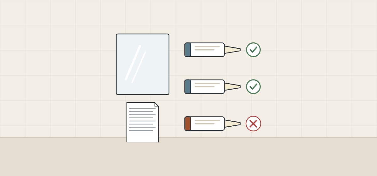 Illustration of a mirror and a list document beside three adhesive cartridges, two ticked and one crossed