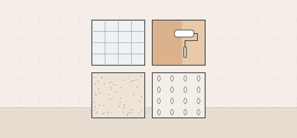 Illustration of four wall samples: tiles, a painted wall with a roller, bare plaster and wallpaper