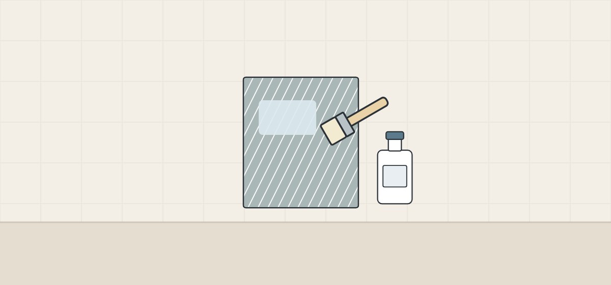 Illustration of a mirror back covered by a safety film, a brush priming the film and a primer bottle