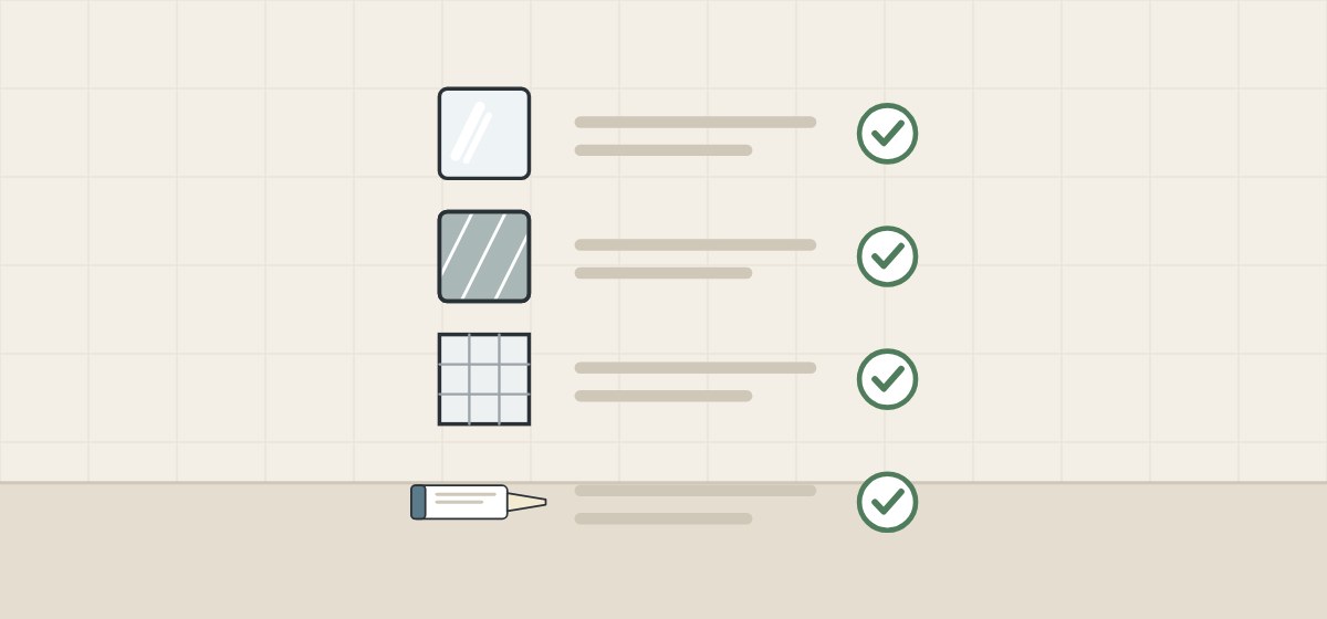 Illustration of a ticked checklist with a mirror, a film-backed mirror back, a tiled wall and an adhesive cartridge