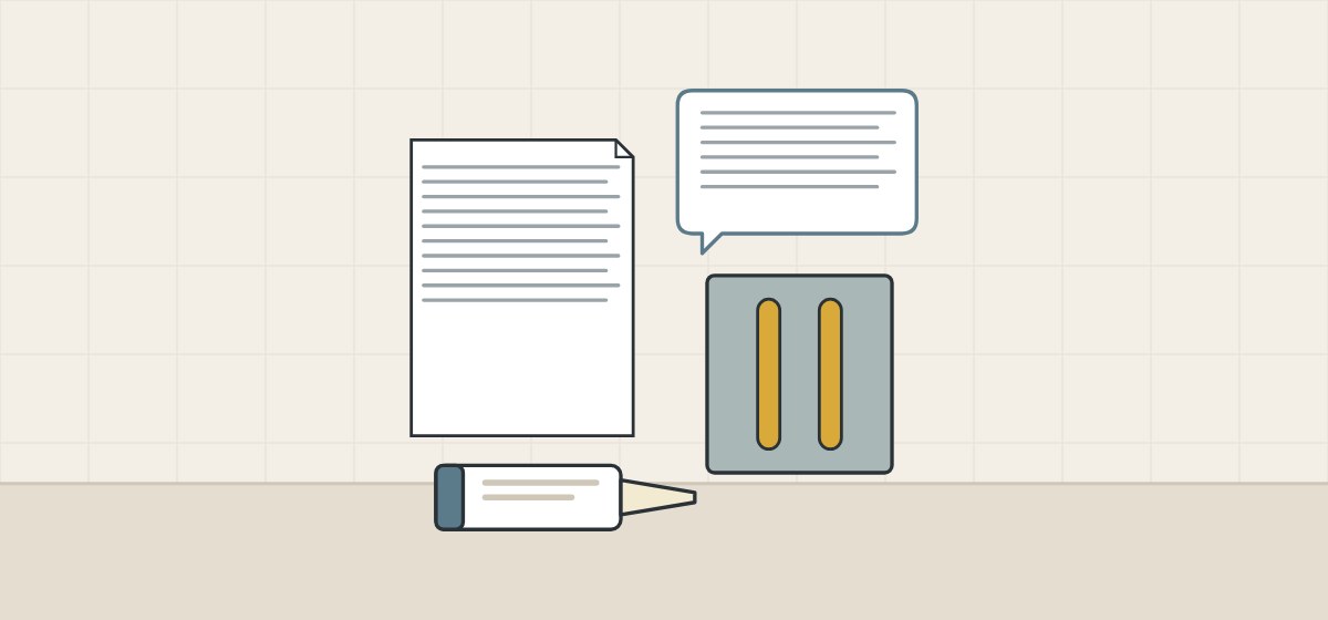 Illustration of a request document, a message bubble, a mirror back with adhesive beads and an adhesive cartridge