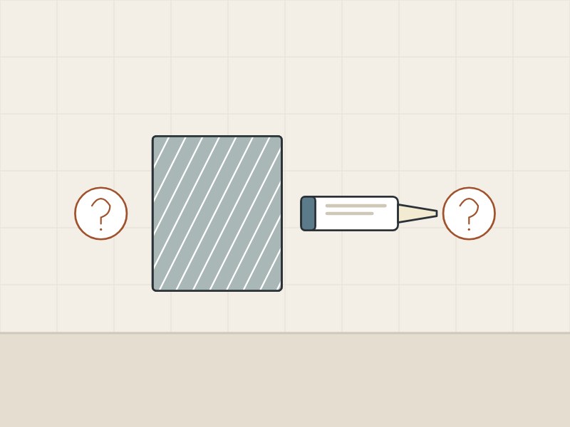 Illustration of a film-covered mirror back and an adhesive cartridge between two question marks