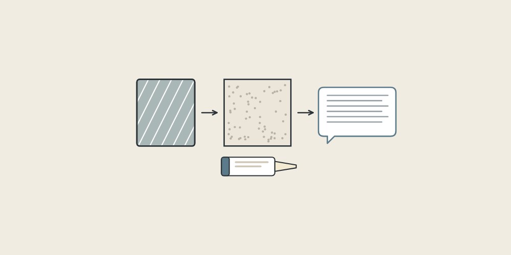 Illustration of a mirror back, a wall sample and a message bubble linked by arrows, above an adhesive cartridge