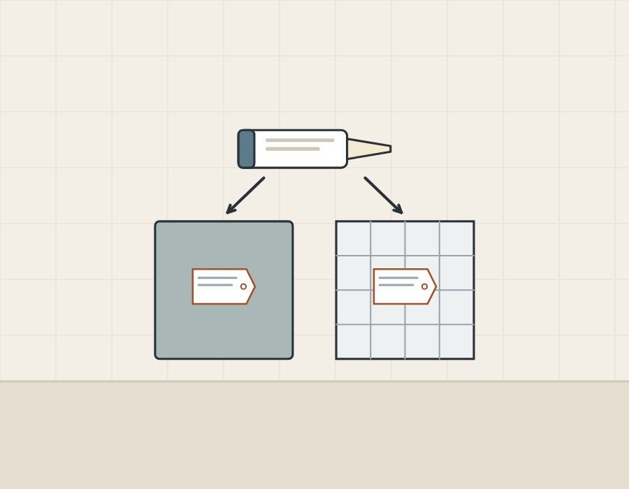 Illustration of an adhesive cartridge with arrows to the back of a mirror and to a tiled wall, each with its own tag