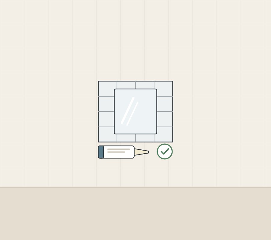 Illustration of a mirror on a tiled wall above an adhesive cartridge, with a tick