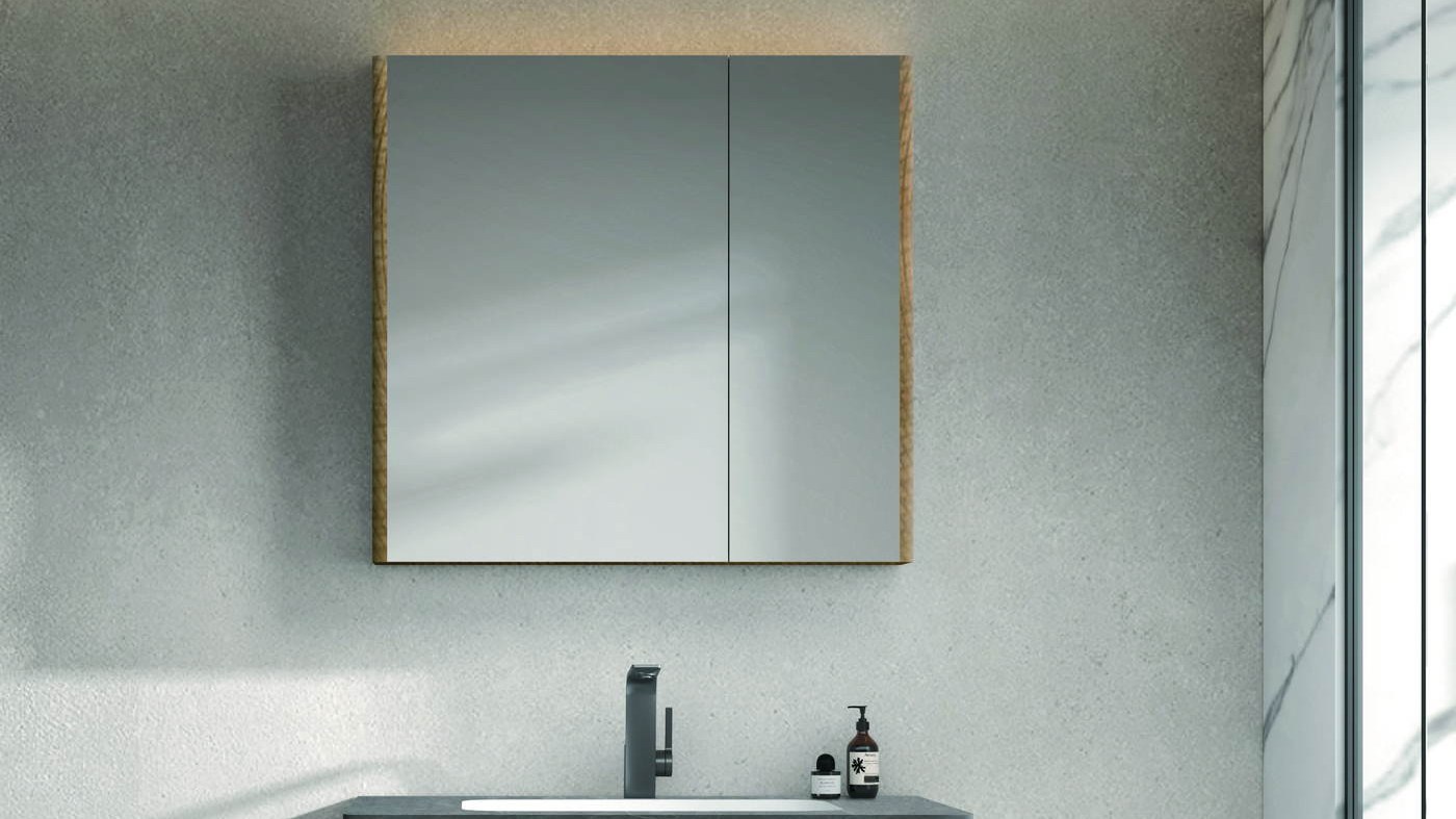 A mirror cabinet above a wall-hung vanity in a marble bathroom