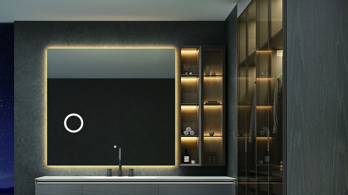 A dark bathroom cabinet with a lit mirror and a touch panel