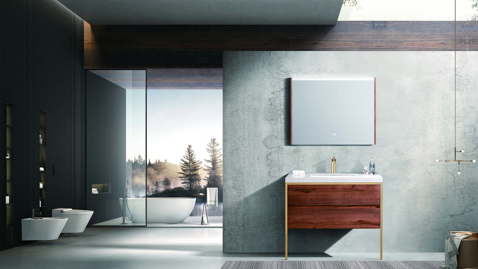 A bathroom with a rectangular mirror above a wood vanity