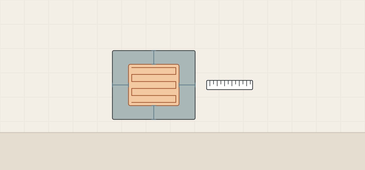 Illustration of the back of a mirror with a centered heating pad and dimension lines from the pad to each mirror edge