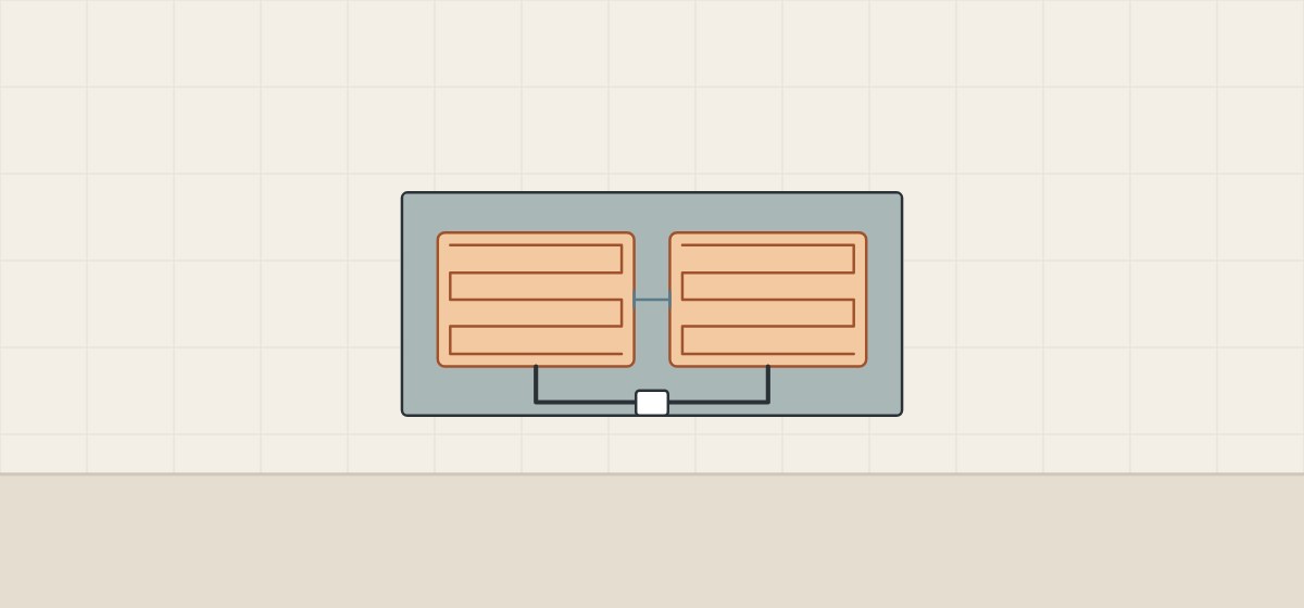 Illustration of the back of a wide mirror with two heating pads side by side, a gap between them and joined cables