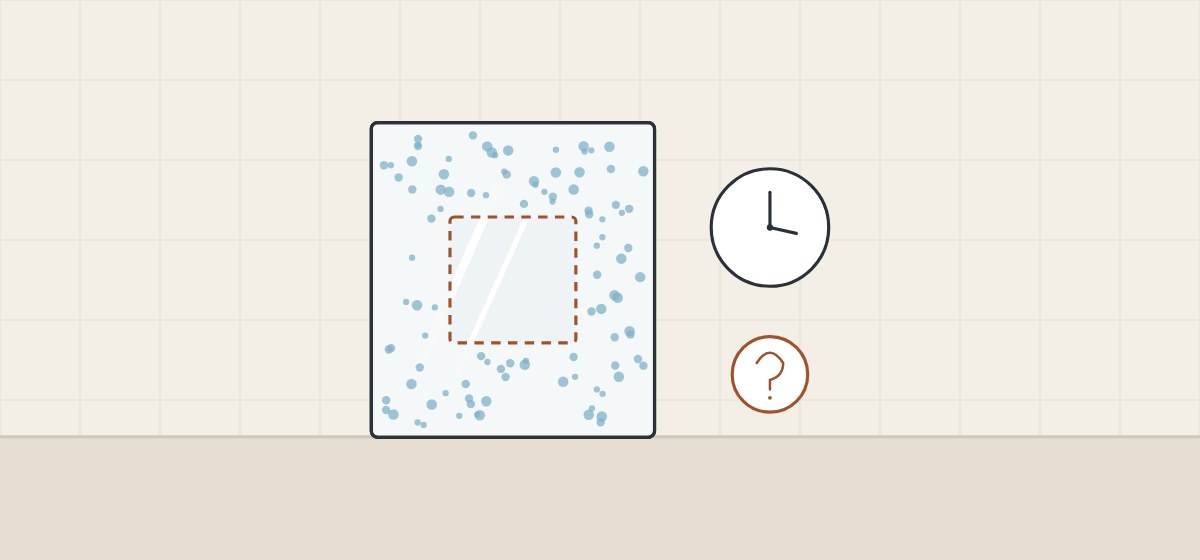 Illustration of a fogged mirror with a small clear patch beside a clock and a question mark