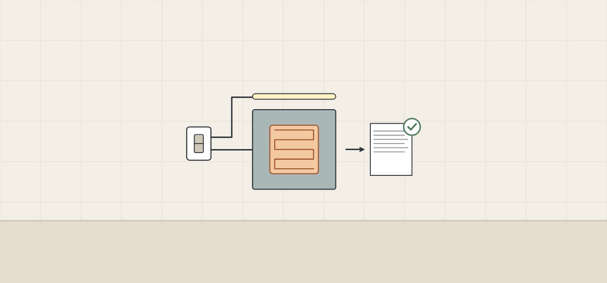 Illustration of a wall switch wired to a light bar and a heating pad behind a mirror, with a separate ticked document