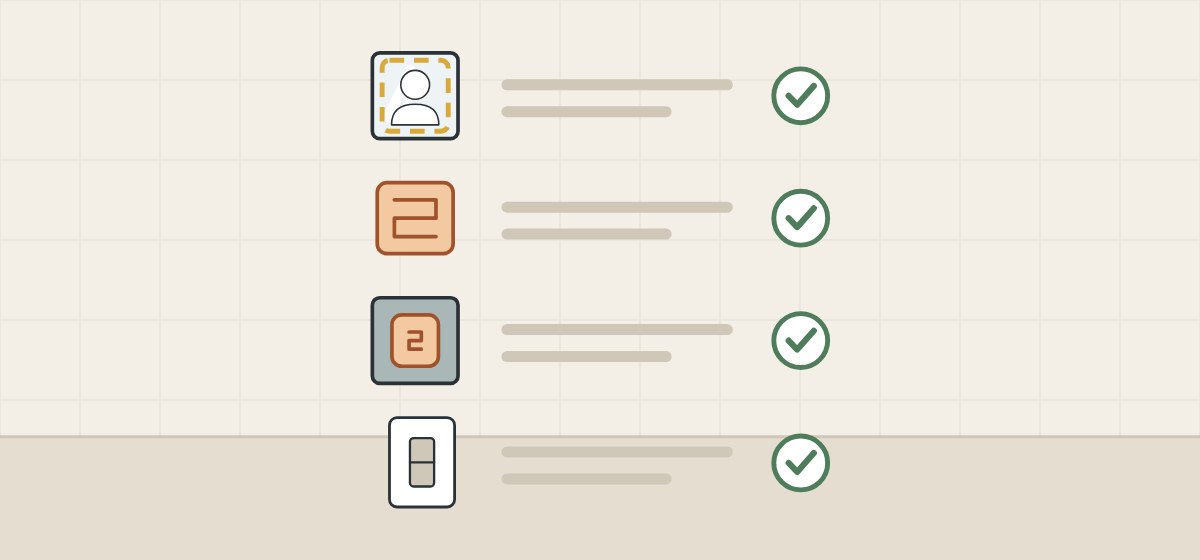 Illustration of a checklist with four ticked rows: viewing area, heating pad, rear layout and switch