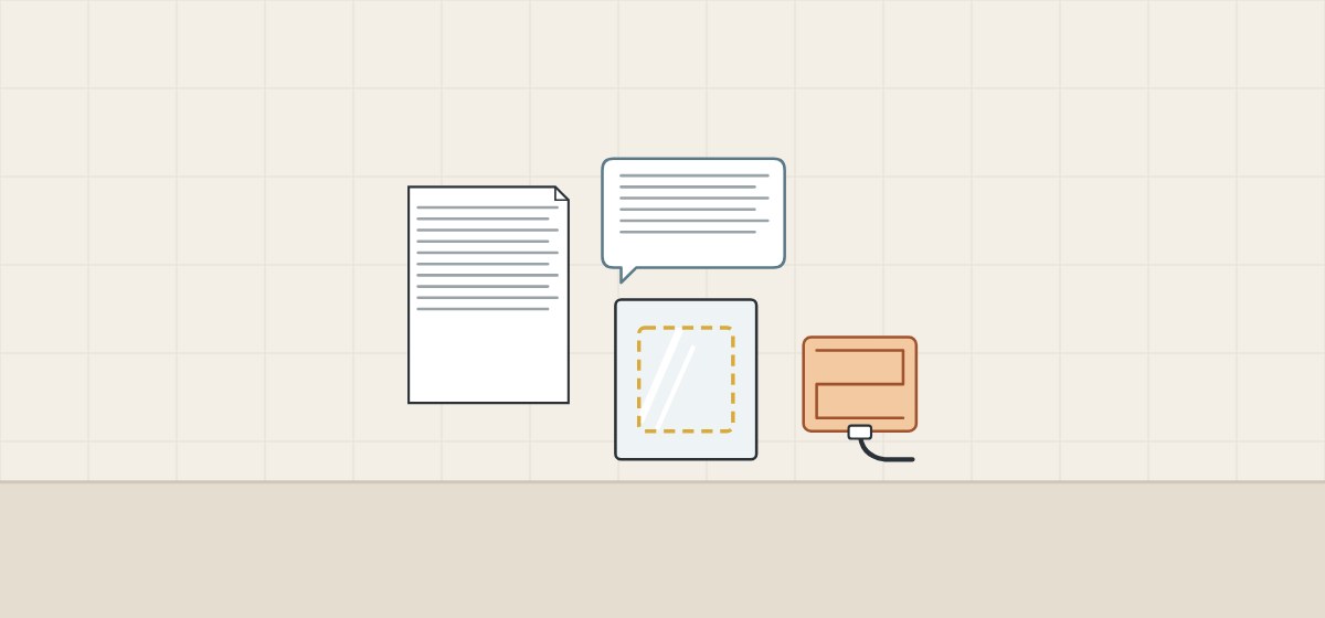 Illustration of a request document, a message bubble, a mirror with a dashed viewing area and a heating pad