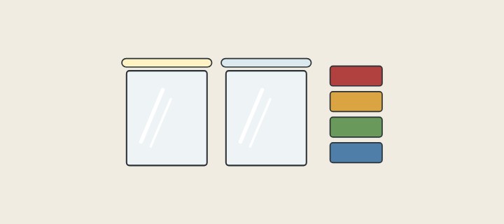 Illustration: two lit mirrors, one with a warm light bar and one with a cool light bar, beside four color samples