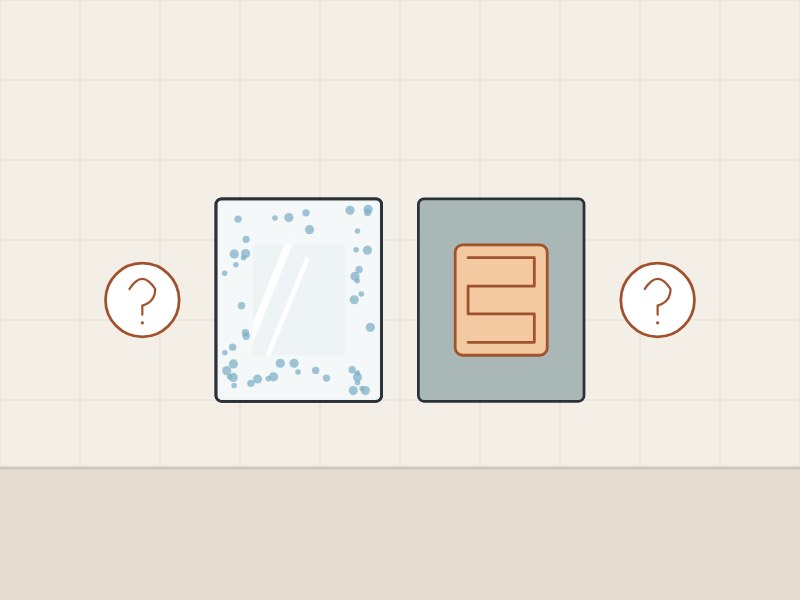 Illustration of a fogged mirror front with a clear patch and a mirror back with a heating pad between two question marks
