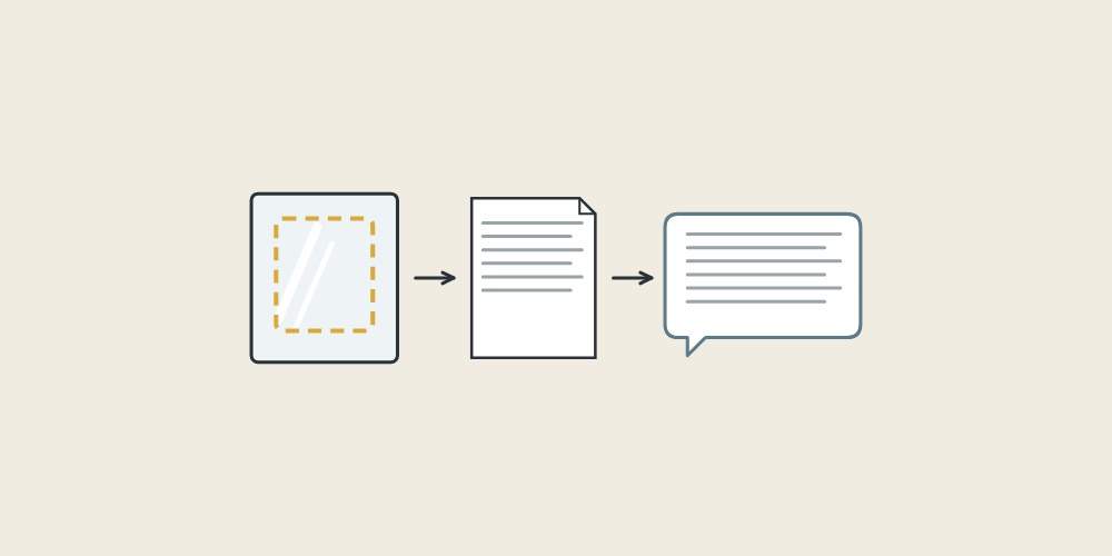 Illustration of a mirror with a dashed viewing area, a document and a message bubble linked by arrows