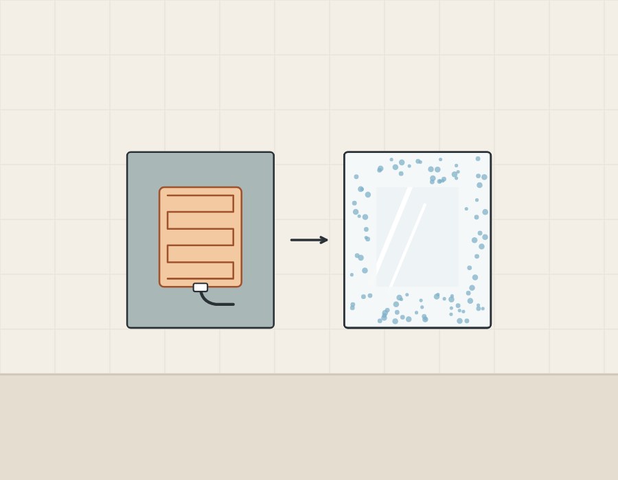 Illustration of the back of a mirror with a smaller heating pad beside its front, clear over the pad and fogged around it