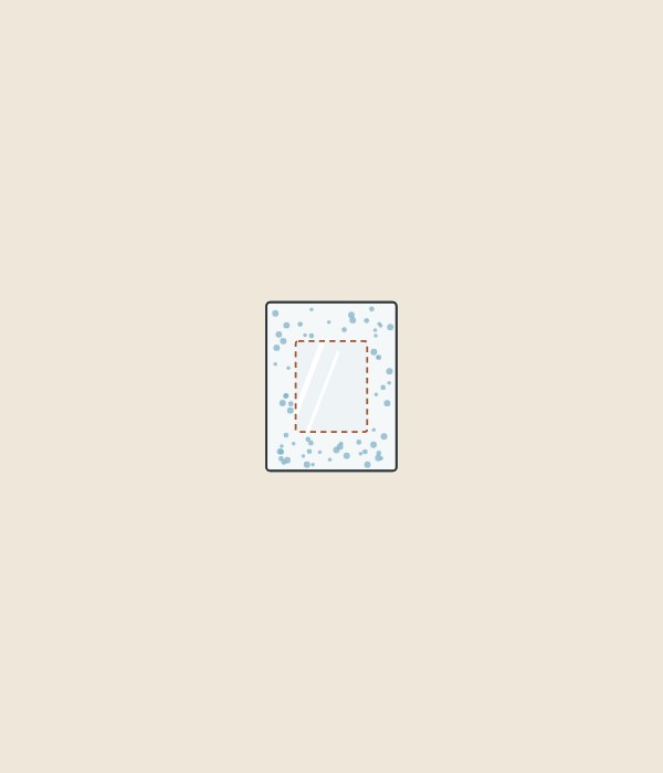 Illustration of a fogged mirror whose middle stays clear inside a dashed pad outline