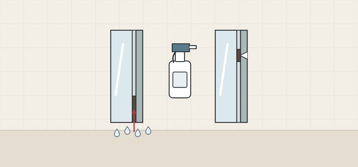 Illustration of a mirror edge in section with water below it, a spray bottle, and a section with a scratched backing